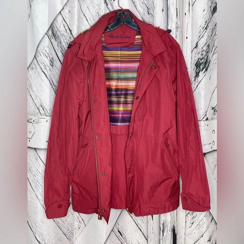 Robert Graham Men Hooded Windbreaker Jacket Rainbow Lining Red M